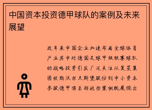 中国资本投资德甲球队的案例及未来展望